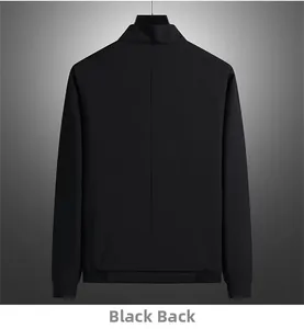 Rear view of black men's standing collar jacket with ribbed hem and vertical seam detail