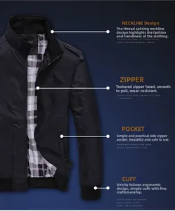 Close-up of men's black stand collar jacket with ribbed neck and checkered lining detail