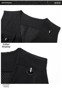 Detail of V-neck design and breathable mesh fabric on black outdoor fishing vest
