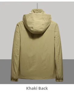 Back view of a khaki casual windbreaker jacket featuring breathable mesh lining and elastic cuffs