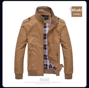 Detailed front view of men's khaki bomber jacket with stand collar and checkered lining