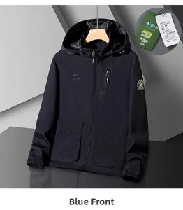 Detail view of navy blue hooded windbreaker jacket with Topland logo and arm badge