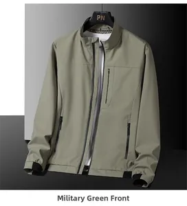 Detail of army green men's jacket with full zipper, chest pocket, and ribbed cuffs