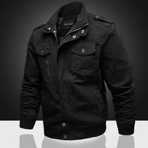 Men's black cotton military work jacket with stand collar and multi-pocket design