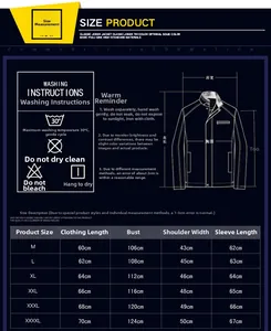 Detailed size chart for men jacket from M to 4XL with measurements and washing care icons