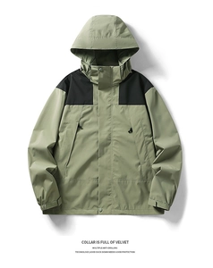 Detail of hooded outdoor jacket with windproof collar and duck down filling