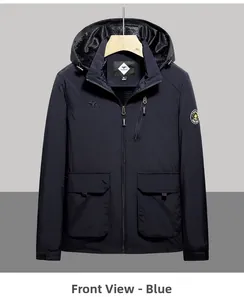 Detail of navy blue hooded outdoor jacket showing chest zipper and large flap pockets