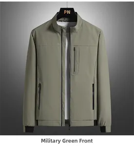 Detailed front view of men's army green jacket with stand collar and zipper pockets