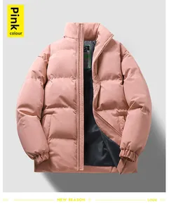 Detail view of pink quilted puffer jacket with high collar and smooth matte finish