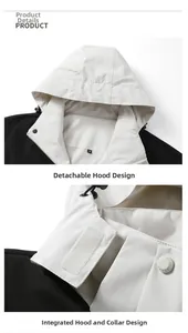 Detail view of the detachable hood and integrated collar on the black and white jacket