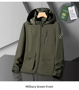 Detail of army green outdoor utility jacket with adjustable hood and velcro cuffs