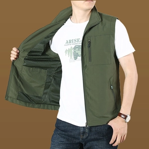 Army green multi-pocket outdoor vest for men with breathable mesh lining and standing collar