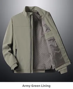 Detail of army green men's jacket showing classic red and green plaid lining