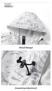 Detail of hood structure with mesh lining and adjustable drawcord on printed jacket