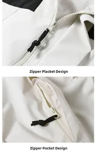 Detail of white outdoor jacket showing zipper placket and breathable mesh lining texture