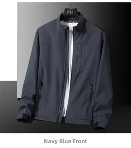 Detail view of navy blue men jacket with stand collar and functional zipper pockets
