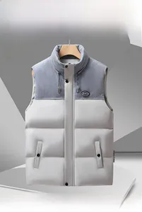 Close-up of stand-up collar with drawstring and blue corduroy shoulder stitching on vest