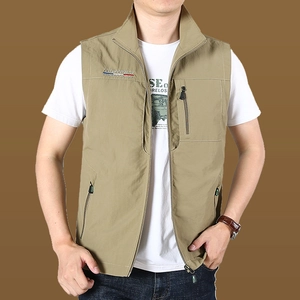 Men's quick-dry khaki outdoor vest with stand collar and functional zipper pockets