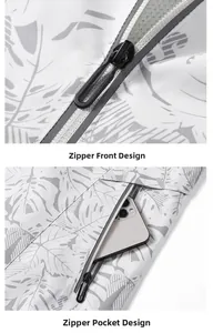 Detail of the high-quality zipper placket and side pockets on the white leaf print jacket