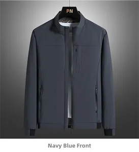 Front view of dark navy men's business casual jacket with high collar and zip pockets