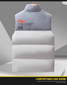 Close-up of color-block vest with corduroy texture and artistic back print detail