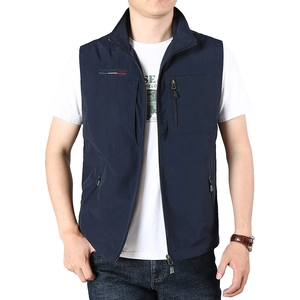 Men's quick-dry navy blue outdoor vest with stand collar and zipper pockets