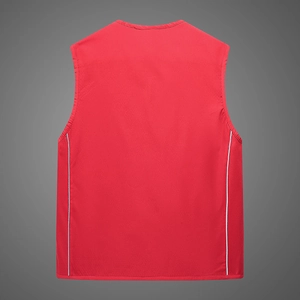 Men's red outdoor multi-pocket utility vest with reflective stripes and round neck