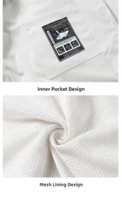 Detail of white jacket showing inner zipper pocket and breathable mesh lining structure