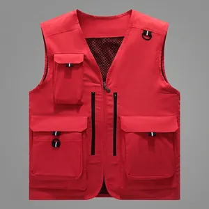 Gilet de pêche rouge multi-poches pour hommes avec doublure en maille respirante