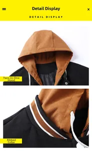 Detail of hooded fake two-piece jacket with ribbed collar and contrast stitching textures