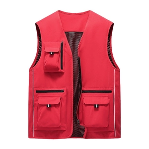 Outdoor multi-pocket red work vest with V-neck design and reflective safety strips