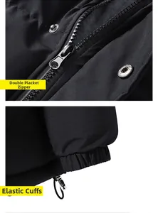 Details von Doppel-Reißverschluss und elastischen Rippbündchen an einer Winterjacke für Herren