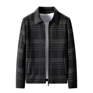 Men's casual grey windowpane check jacket with classic lapel collar and zipper pockets