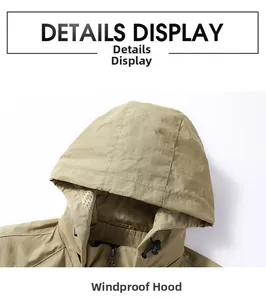 Detail of windproof hood with mesh lining and adjustable drawstrings on khaki jacket