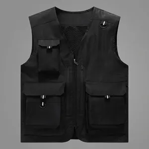 Vue avant d'un gilet de pêche noir à poches multiples avec panneau arrière en mesh aéré