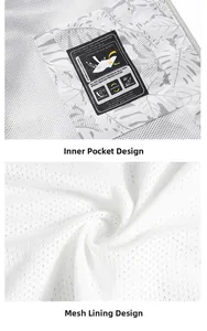 Detail of outdoor jacket showing breathable mesh lining and inner pocket with functional tags