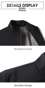 Detail view of men's black jacket with windproof stand collar and plaid lining