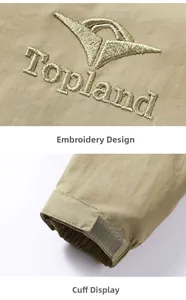 Detail of khaki jacket showing brand embroidery and adjustable velcro elastic cuffs