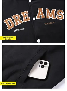 Close-up of letter embroidery and deep side pockets on black hooded varsity jacket