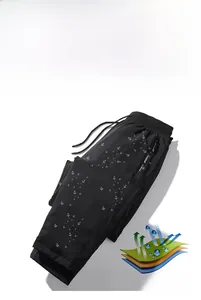 Detail of waterproof black down pants with elastic waistband and fashion zipper pocket