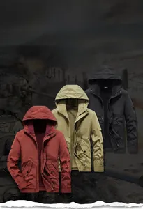 Close-up of three men's casual hooded jackets in dark red, khaki, and black colors