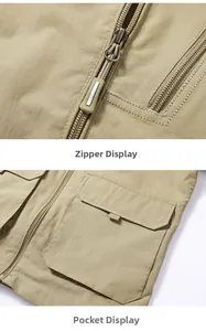 Detailed macro view of heavy-duty metal zippers and cargo pockets on a khaki utility jacket