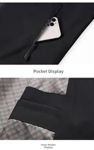 Detail view of black functional jacket showing waterproof zipper pocket and inner plaid lining