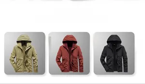 Outdoor hooded jackets in khaki, red, and black featuring zip pockets and adjustable cuffs