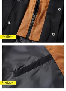 Detail view of the metal zipper closure and inner pocket on this two-tone jacket