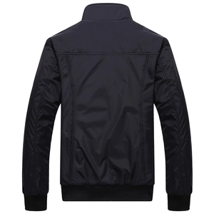 Men's black casual bomber jacket with stand collar and ribbed hem shown from the back view