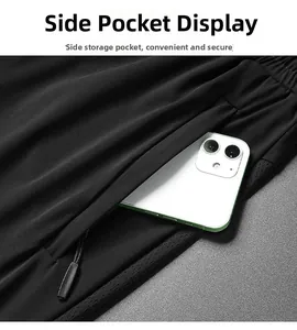 Detail of large side pocket with zipper on breathable black quick-dry pants