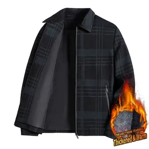 Men's thermal plaid jacket with thick fleece lining and zip front for winter warmth