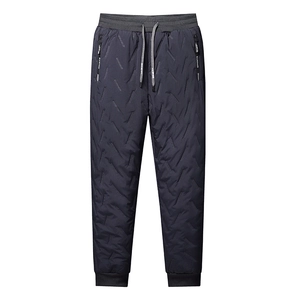 Men's navy blue quilted winter trousers with fleece lining and drawstring waist