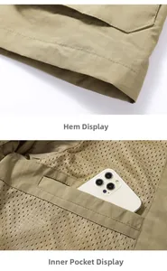Detail of khaki jacket showing adjustable hem, breathable mesh lining and inner phone pocket